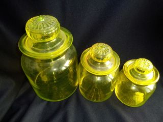 3 Vtg Blenko Neon Yellow Apothecary Canister Jars - Daisy Lid photo