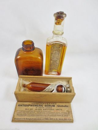 Antique 1900 ' S Dr Medical Oculum,  Whelan Tonic Bottle & Globulin Serum Syringe photo