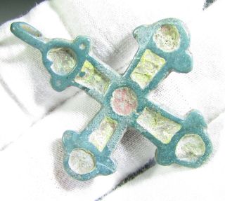 Rare Viking Bronze Cross Pendant With Enamel Insert - Wearable Artifact - Ks76 photo