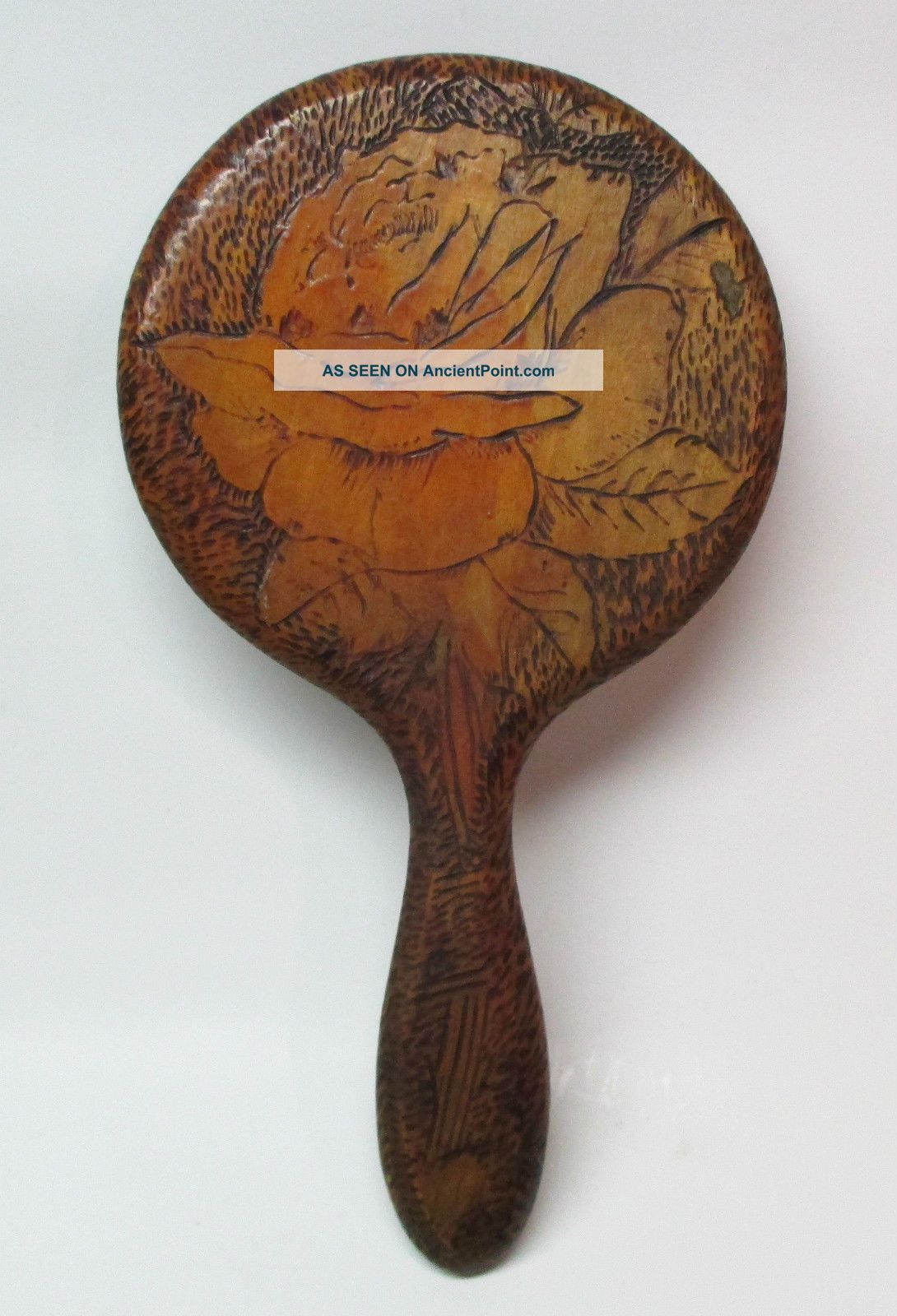 Antique Flemish Art Pyrography Wood Burnt Rose Design Hand Held Mirror - Other Antique Woodenware photo