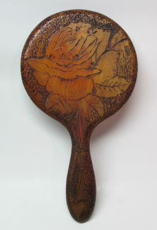Antique Flemish Art Pyrography Wood Burnt Rose Design Hand Held Mirror - photo