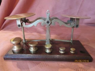 Victorian Small Brass Letter Balance Beam Scales,  With Five Weights photo