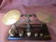 Victorian Small Brass Letter Balance Beam Scales,  With Five Weights Other Antique Science Equip photo 1