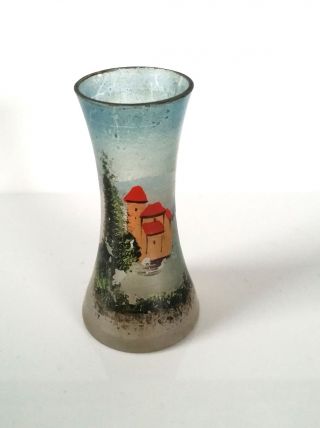 Antique French Art Deco Hand Blown Glass Small Spill Vase Enamelled Scene photo