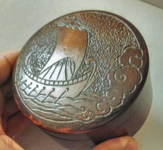 Signed Arts & Crafts Hand Made Round Box With Pokerwork Viking Ship Motif C.  1910 photo