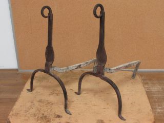 A Late 17th C American Wrought Iron Ring And Blade Front Andirons photo