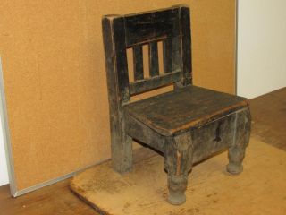 Rare 17th C Wainscot Joined Childs Chair With Flat Spindle Back Old Black Paint photo