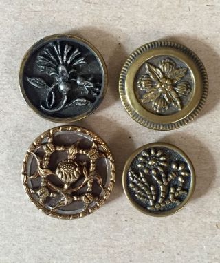 4 Different Antique Victorian Brass Floral Picture Buttons photo