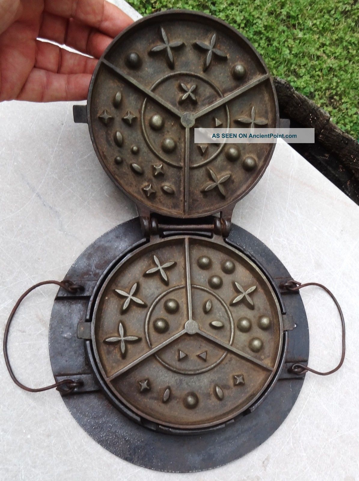 Antique Cast Iron Waffle Iron - Unusual Design Primitives photo