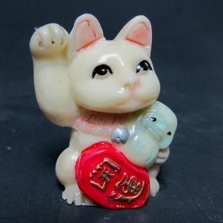 Estate Japanese Ivory Colored Bone Netsuke - Cat Beckons With Rubber Duck photo