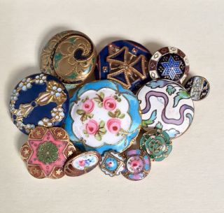 12 Different Antique Champleve Cloisonné Enamel Brass Buttons Floral,  Pierced, photo