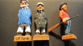 Three Vintage Folk Art Hand Carved Wood Skippers And Hunter Sculptures Hannah photo