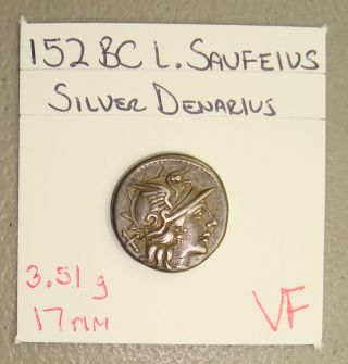 152 Bc L.  Saufeius,  Biga Reverse Ancient Roman Republic Silver Denarius Vf photo
