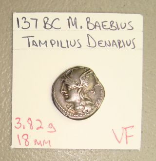 137 Bc M.  Baebius,  Quadriga Reverse Ancient Roman Republic Silver Denarius Vf photo