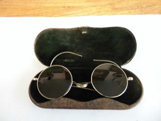 Vintage Antique Eye Glasses Thin Metal Round With Case photo