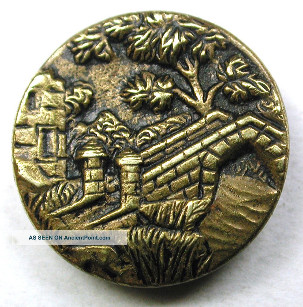 Antique Stamped Brass Button Old Stone Bridge Crosses River - 5/8 