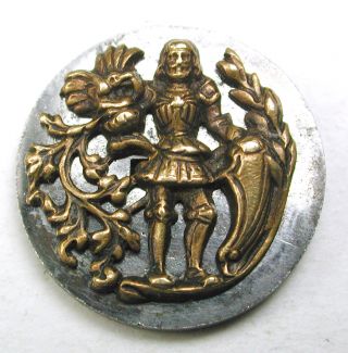 Antique Button Brass Man In Armor W/ Falcon On Arm On Steel Disc - 5/8 