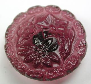 Antique Glass Button Amethyst Color Three Flowers Design - 7/8 