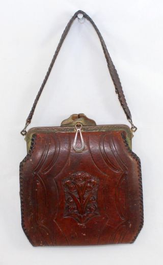 Antique 1915 Nocona Bags Arts & Crafts Era Tooled Leather Bag Purse photo