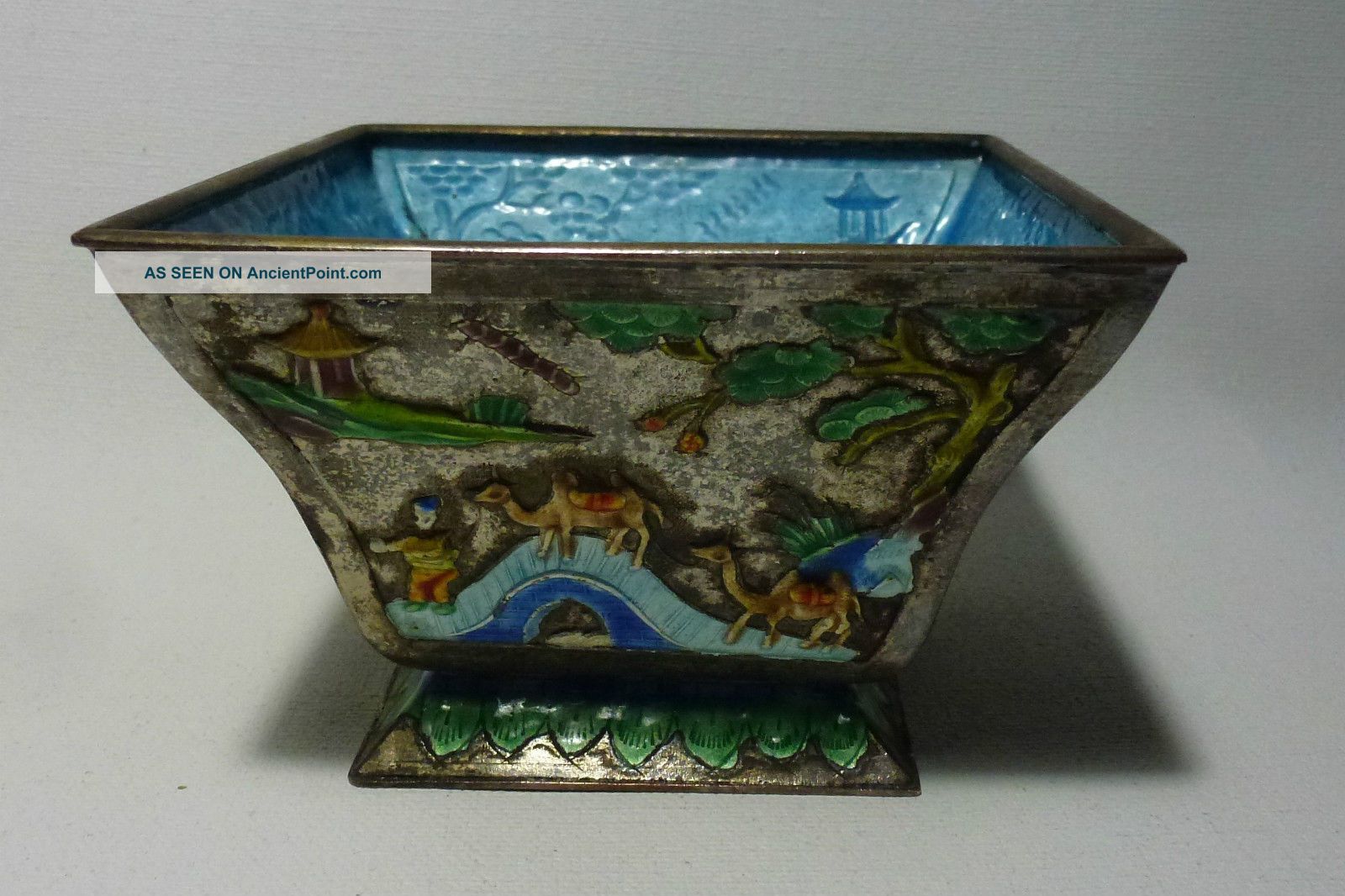 Chinese Enamel Metal Square Bowl W Figures & Camels Pots photo