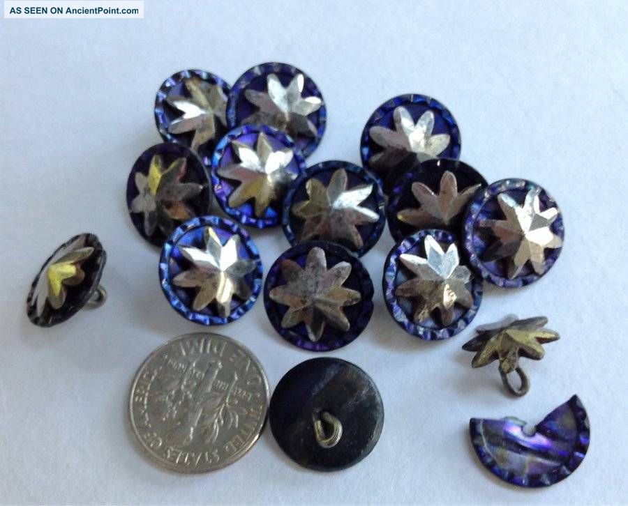 Group Of 13 Antique Purple Abalone Shell Buttons W/metal Star Escutcheon Buttons photo