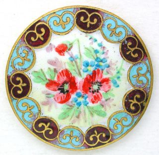 Antique French Enamel Button Hand Painted Flowers W/ Fancy Champleve Border photo