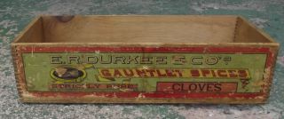 Antique Wooden Box E.  R.  Durkee Gauntlet Spices Crate Paper Label photo
