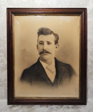 Antique 1890’s 19th Century Victorian Charcoal Portrait Drawing Gentleman 16x20 photo