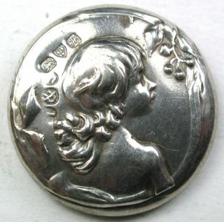 Antique Sterling Silver Button Art Nouveau Young Girl Design Hallmarked 1908 photo