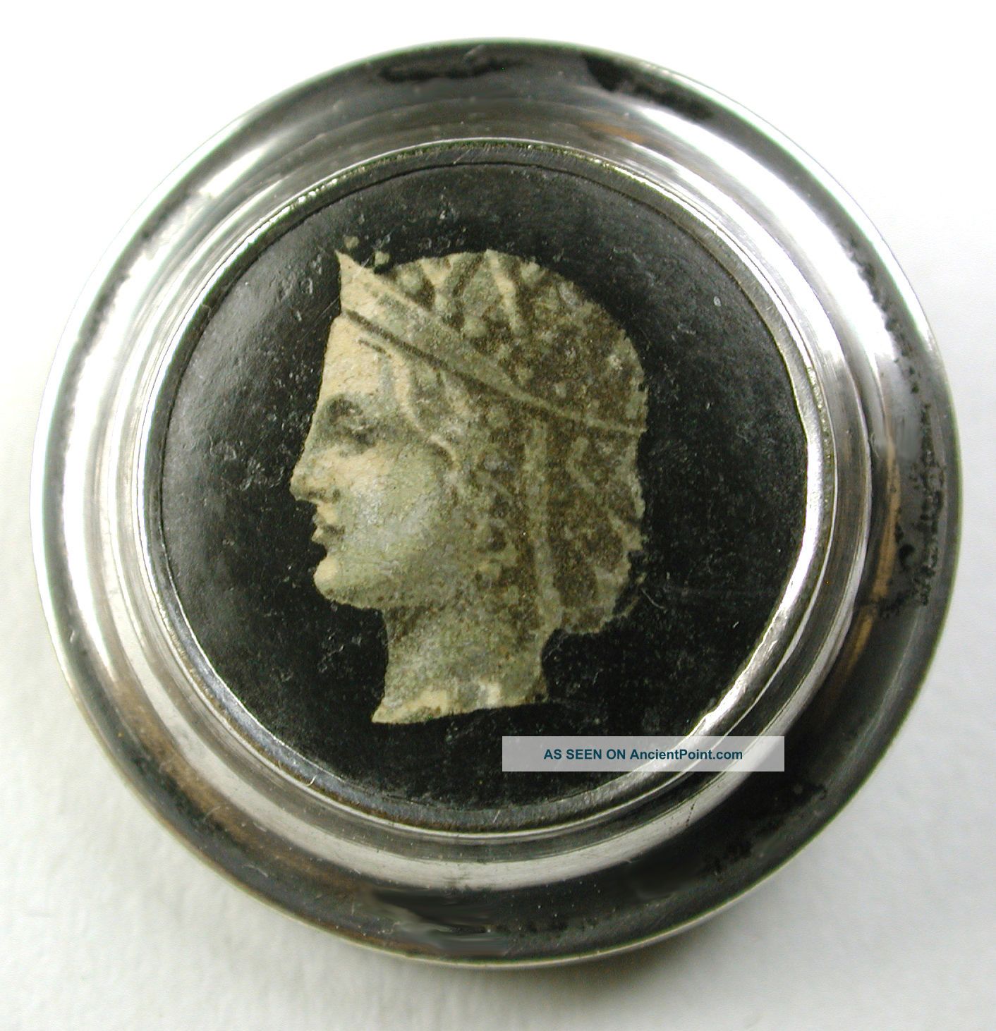Antique Silvered Brass Button W Classical Woman ' S Head Design - 1 