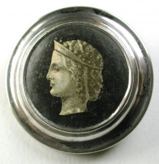 Antique Silvered Brass Button W Classical Woman ' S Head Design - 1 
