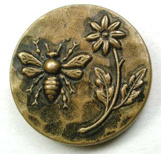 Antique Brass Button Detailed Bee & Flower Design - 15/16 Inch photo