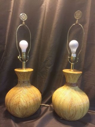 Rare Maitland Smith Solid Wood Pair Bamboo Table Lamps Lights - Philippines photo