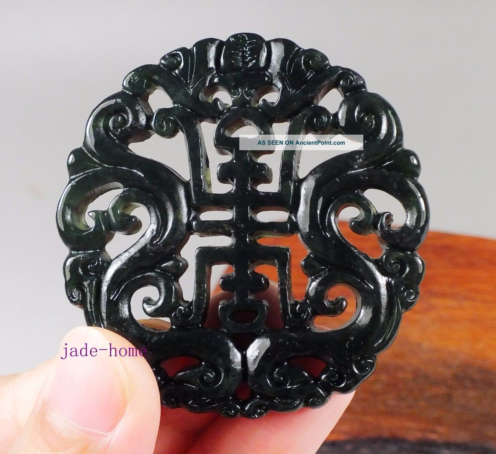 Natural Black Ink Jade Hollow Out Carving Good Luck Double Dragon Bat Pendant Necklaces & Pendants photo