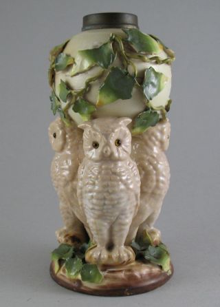 Antique Victorian Figural Glass Eyes 3 Owl Oil Lamp Base After Moore Bros 7 