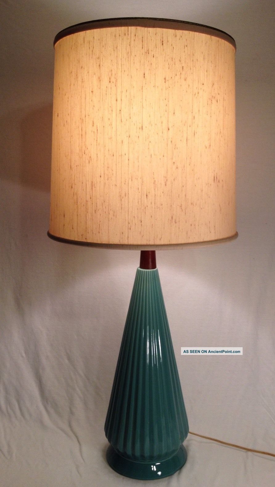 Vtg Mid Century Aqua Fluted Ceramic & Teak Lamp Danish Marshall Martz Style Mid-Century Modernism photo