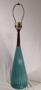 Vtg Mid Century Aqua Fluted Ceramic & Teak Lamp Danish Marshall Martz Style Mid-Century Modernism photo 2