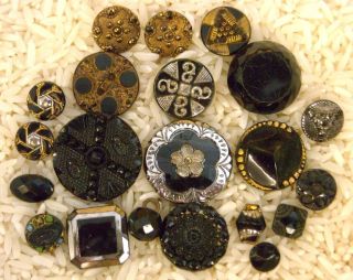 21 Antique Victorian Black Glass Buttons Incl 2 Pairs Gold & Silver Luster photo