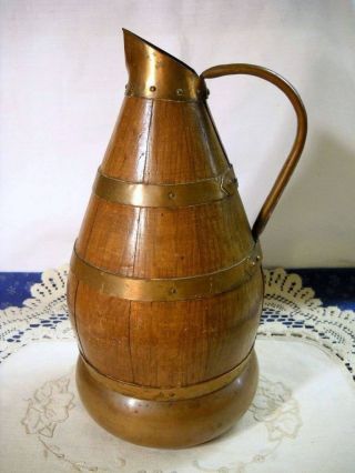 Antique French Arts & Crafts Wine Pitcher Oak Barrel Copper Banding Cider Jug photo