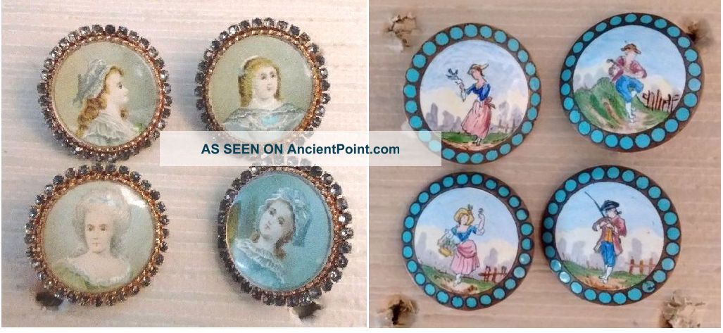 4pc Antique Very Old Charlotte Corday Buttons & 4 Pc.  Enamel Buttons photo