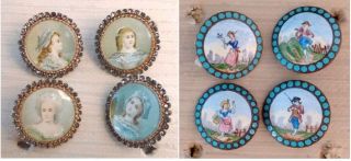 4pc Antique Very Old Charlotte Corday Buttons & 4 Pc.  Enamel photo