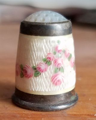 Antique Guilloche Enamel Thimble Opalescent Sterling Silver ? Roses photo