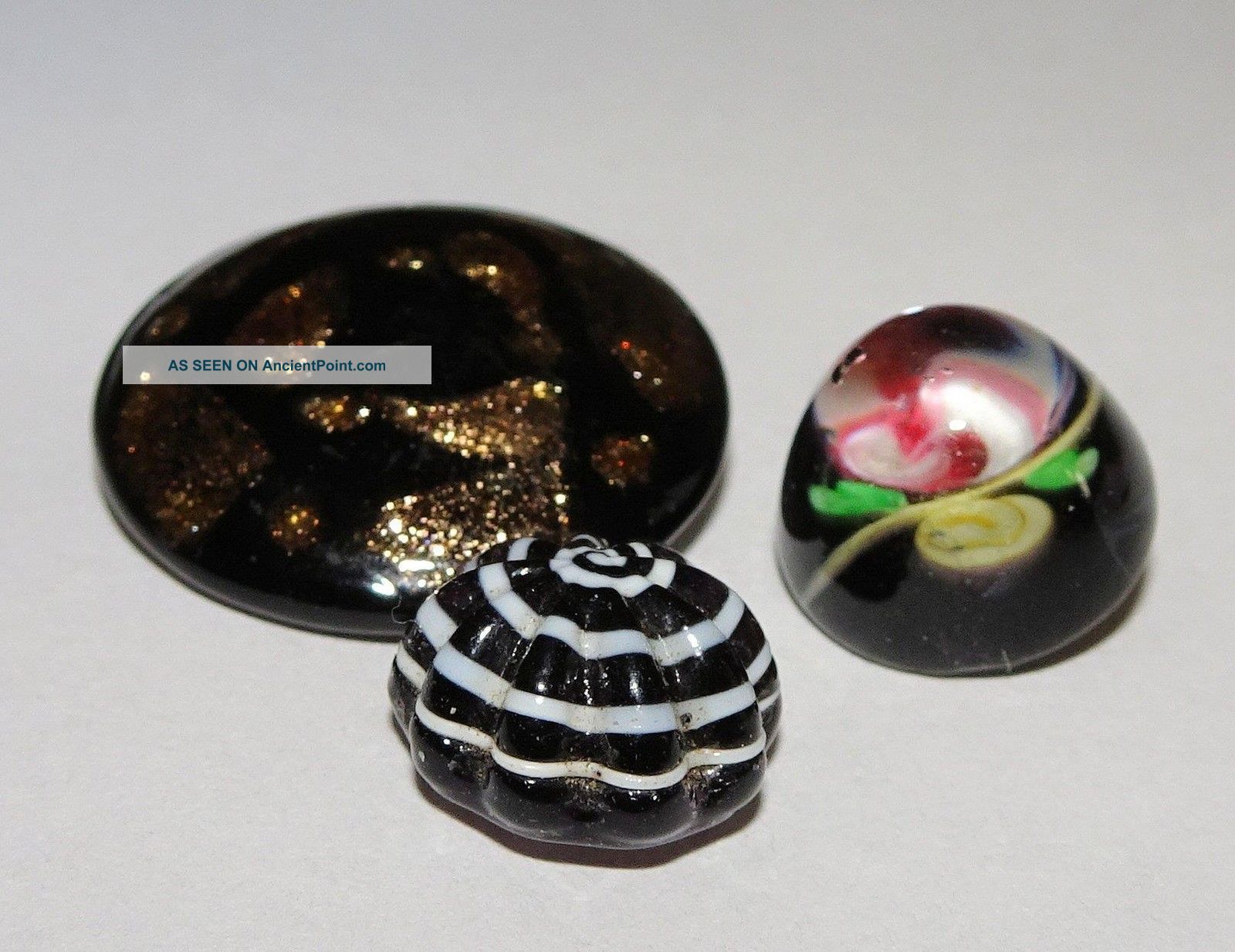 Antique Buttons 3 Black Glass Paperweight,  Swirl And Goldstone Medium To Small Buttons photo