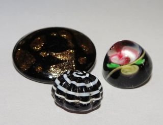 Antique Buttons 3 Black Glass Paperweight,  Swirl And Goldstone Medium To Small photo