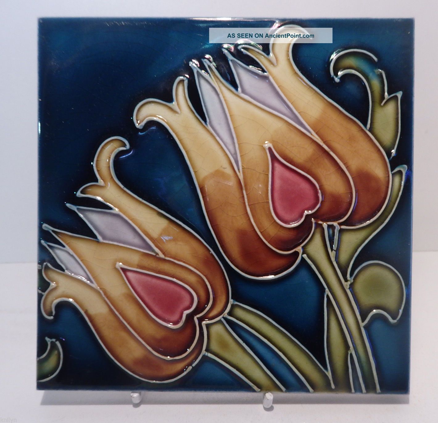 English Art Nouveau Ceramic 3 Tile Group Tubelined Tulips C1900 Iridescent Glaze Architectural & Garden photo