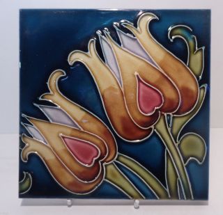 English Art Nouveau Ceramic 3 Tile Group Tubelined Tulips C1900 Iridescent Glaze photo
