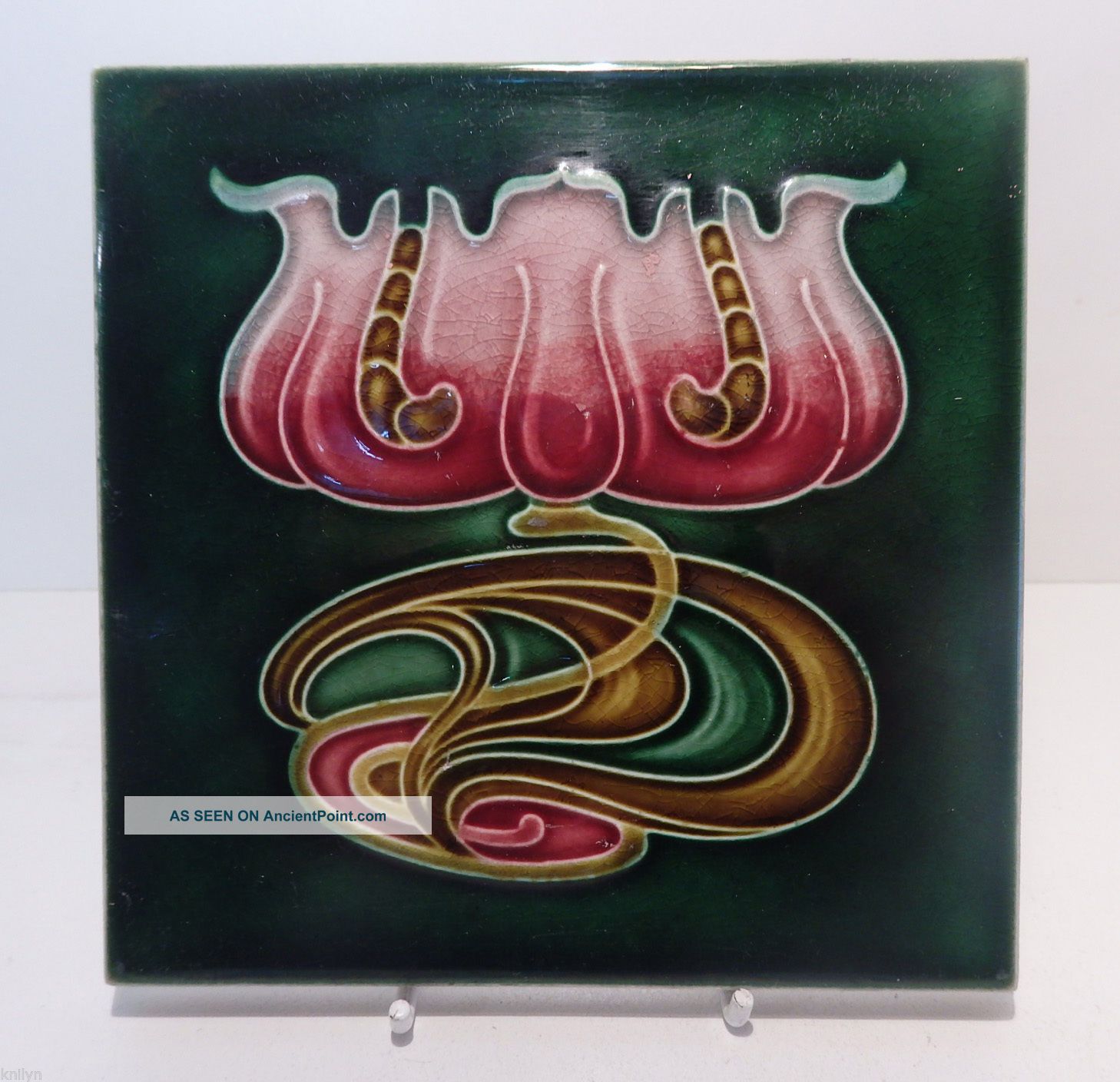 English Art Nouveau Majolica Ceramic Tile Stylised Whiplash Flower C1900 Architectural & Garden photo
