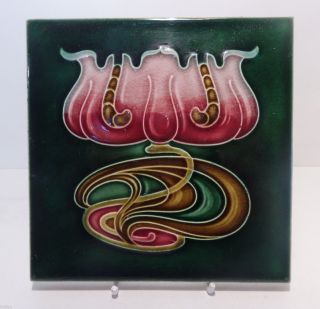 English Art Nouveau Majolica Ceramic Tile Stylised Whiplash Flower C1900 photo
