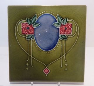 English Art Nouveau Majolica Ceramic Tile Stylised Macinosh Roses C1900 photo