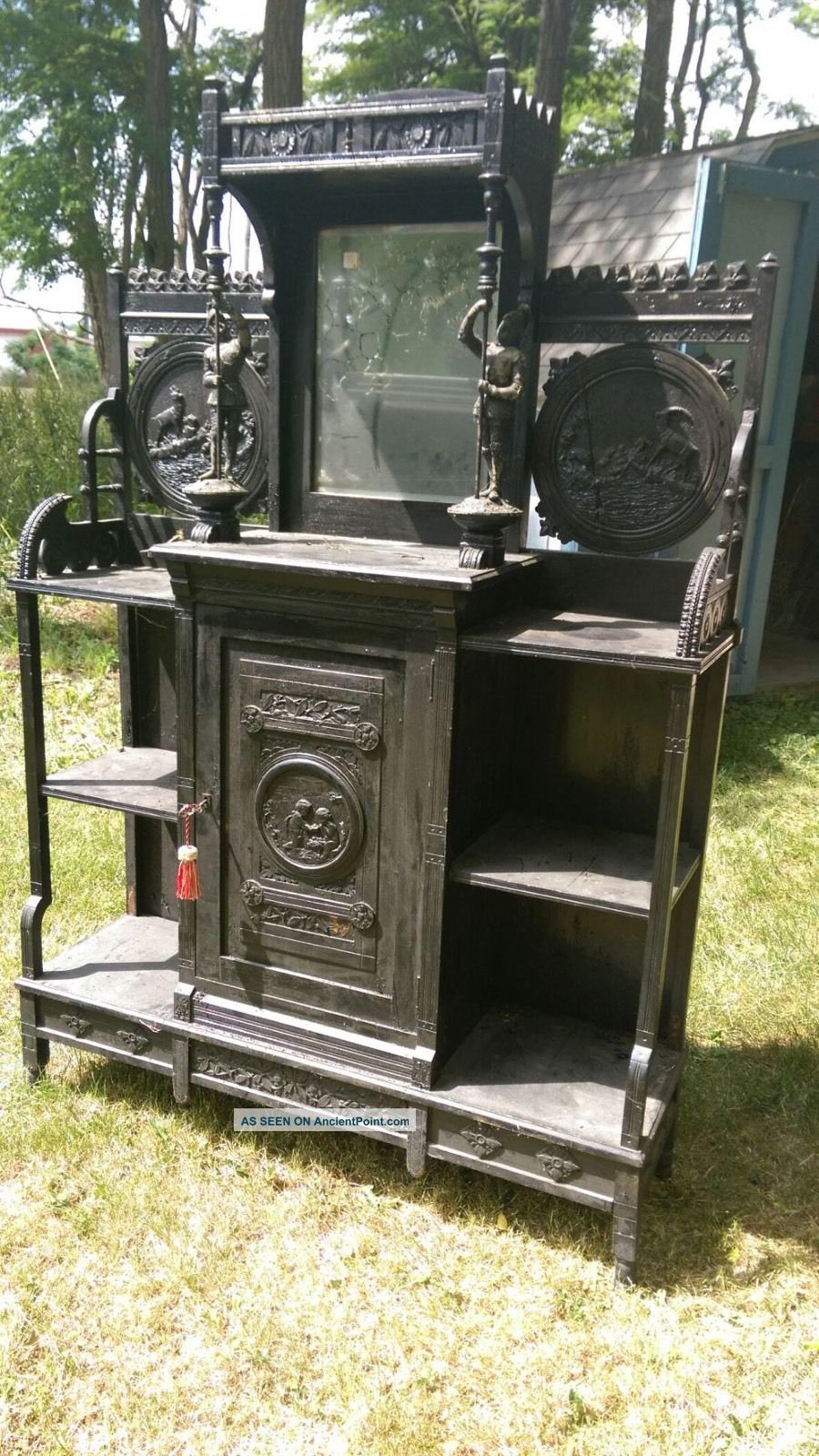 Antique Cabinet Etagere Hunting/ Black Forest Knights Rare Carved Other Antique Furniture photo